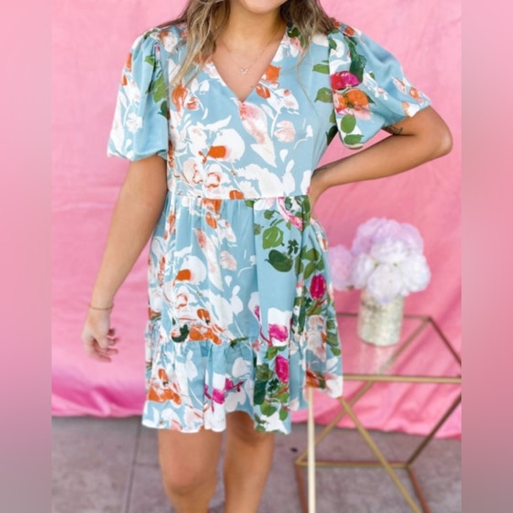 entro Light Blue Floral Tiered Mini Dress with Green and Pink Accents